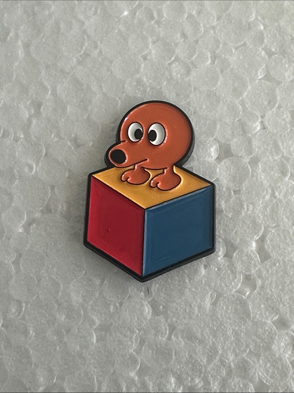 Cute Q-Bert Character Enamel Pin on Color Block Cube